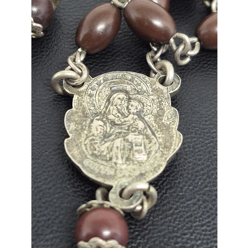 Vintage Creed Rosary Sterling Silver Brown Bead Catholic Crucifix Prayer